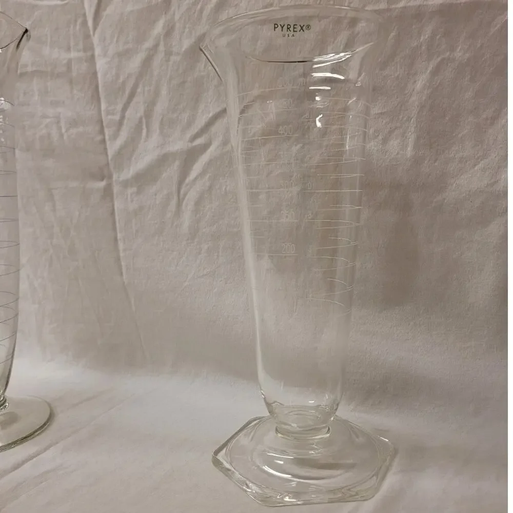 Set of 2 Antique Laboratory Hex-Footed Glass Graduated Cylindar Beakers Pyrex